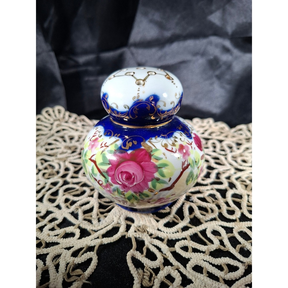 Hand Painted Nippon Porcelain hat pin holder Cobalt Blue Gold Gilt Pink Roses